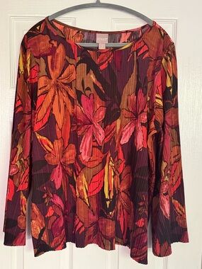 Chico’s Floral Pleated Top SZ 2 Red Orange Brown Long Sleeve Lightweight Blouse